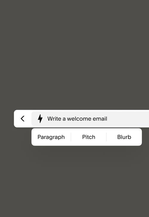 Exemple de champ de texte de l’assistant IA ouvert avec le texte « Rédiger un e-mail de bienvenue » dans le champ de saisie.