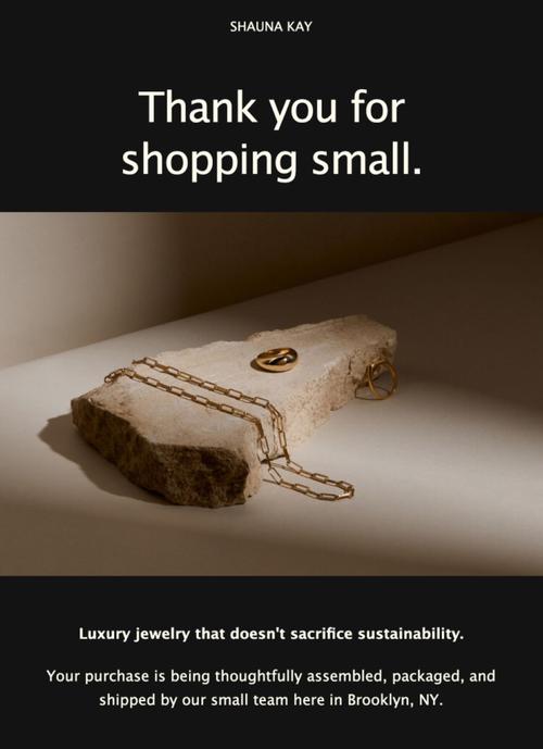 Un template d’e-mail pour une petite bijouterie où on peut lire « Merci de faire des achats auprès de petites entreprises ».