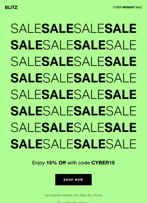 Un template d’e-mail avec un design typographique répétant le mot « Promotion » avec un code de réduction et un bouton « Découvrir ».