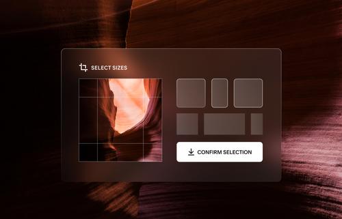 Una imagen de un cañón del desierto cortada con el redimensionador de imágenes de Squarespace junto a los ajustes predeterminados comunes de dimensión de imágenes disponibles para cambiarle el tamaño.